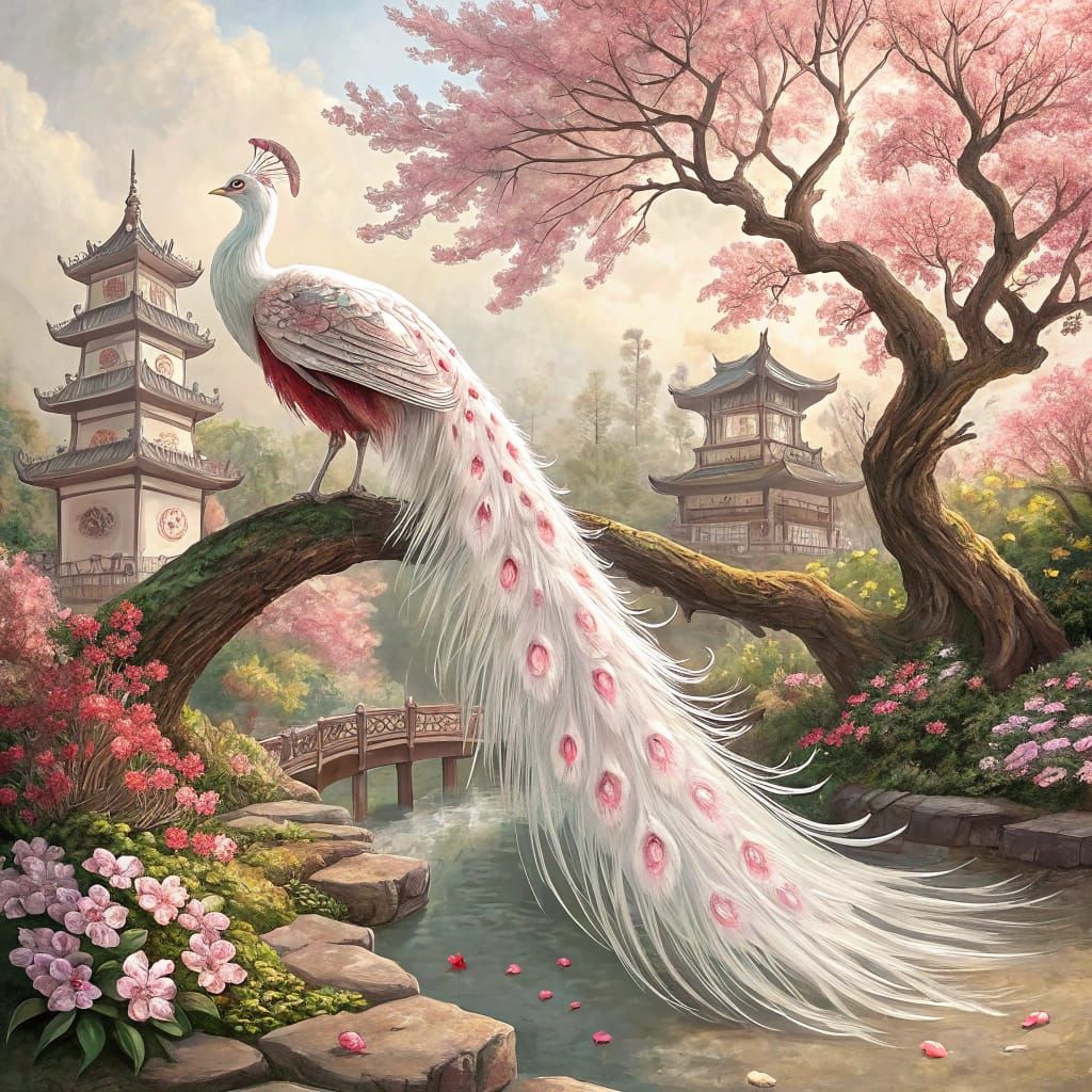 Elegant Peacock in a Chinese Garden Oasis