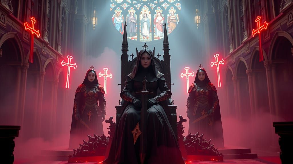 Gothic Queen Nun Reigns in Dark Fantasy Cathedral