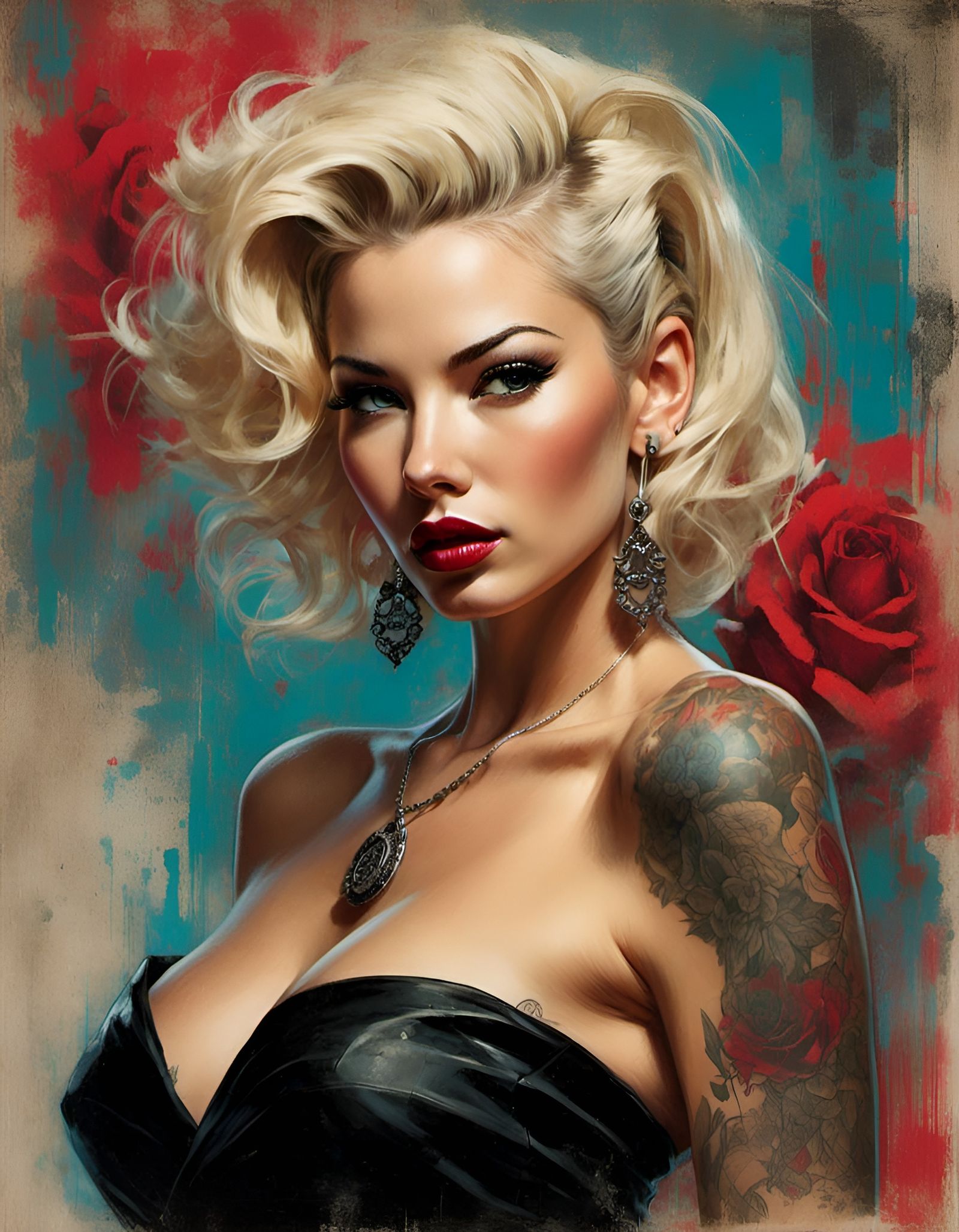 Rockabilly Pinup Portrait with Rose Tattoos