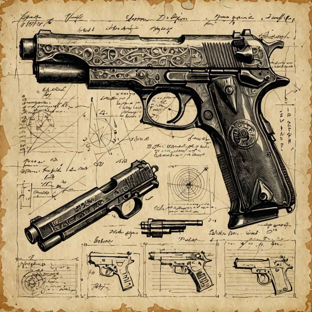 Technical diagram of an ornate pistol.