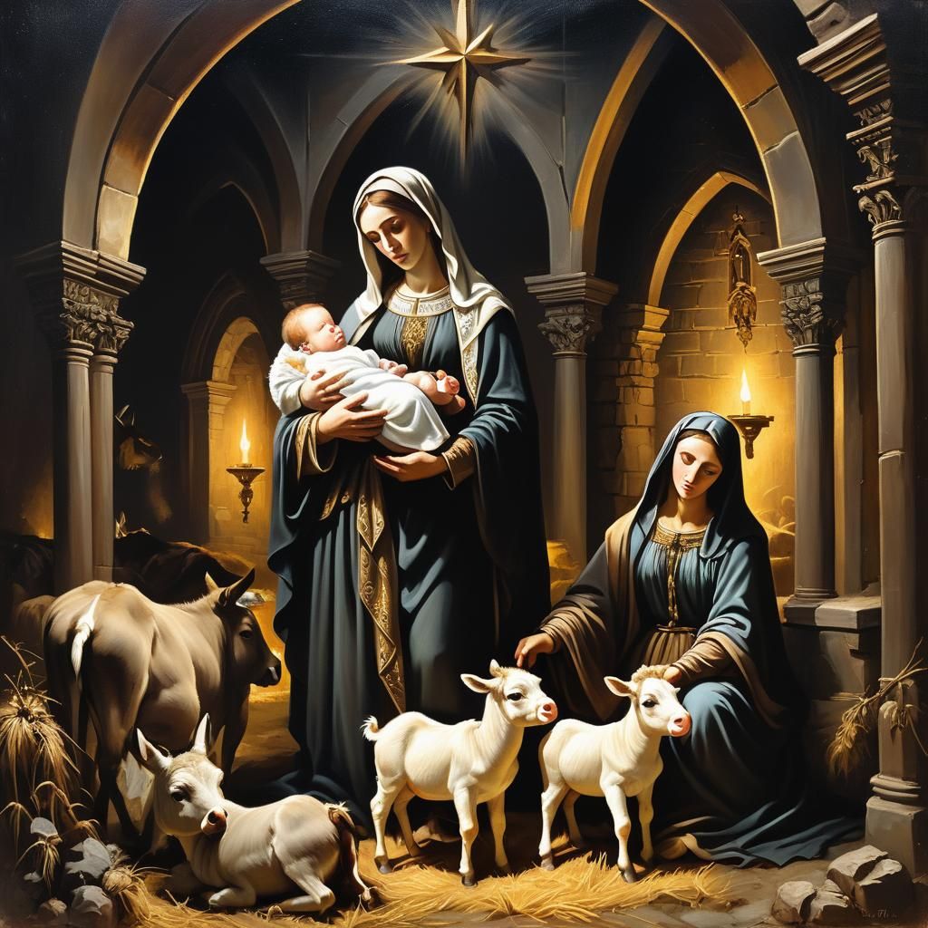 Nativity Scene: Baby Jesus in Gothic Oil Painting