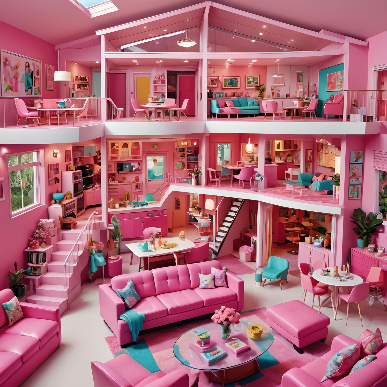 Pink Mid-Century Modern Barbie Dreamhouse Cross-Section