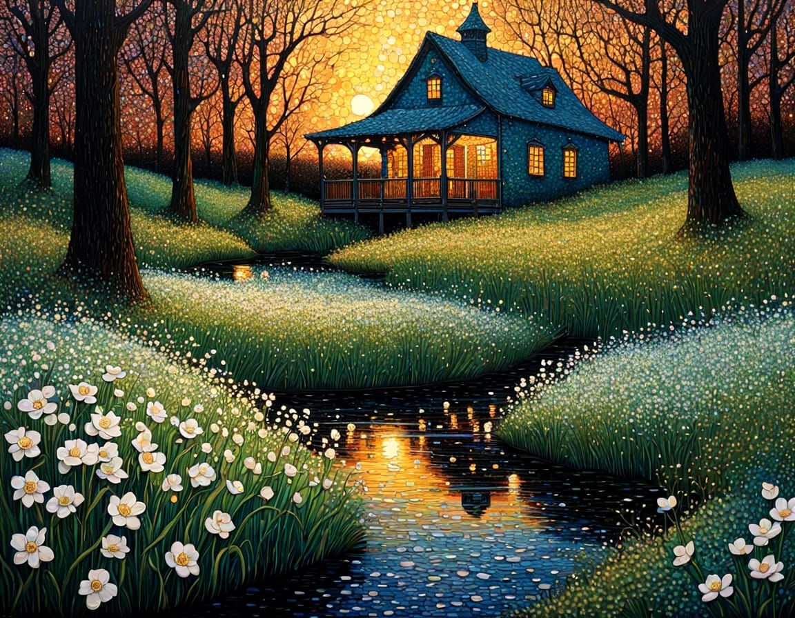 Serene Spring Scene in Intricate Watercolor Style