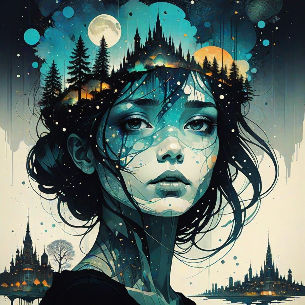 " Double exposure, Front view :woman and city:...