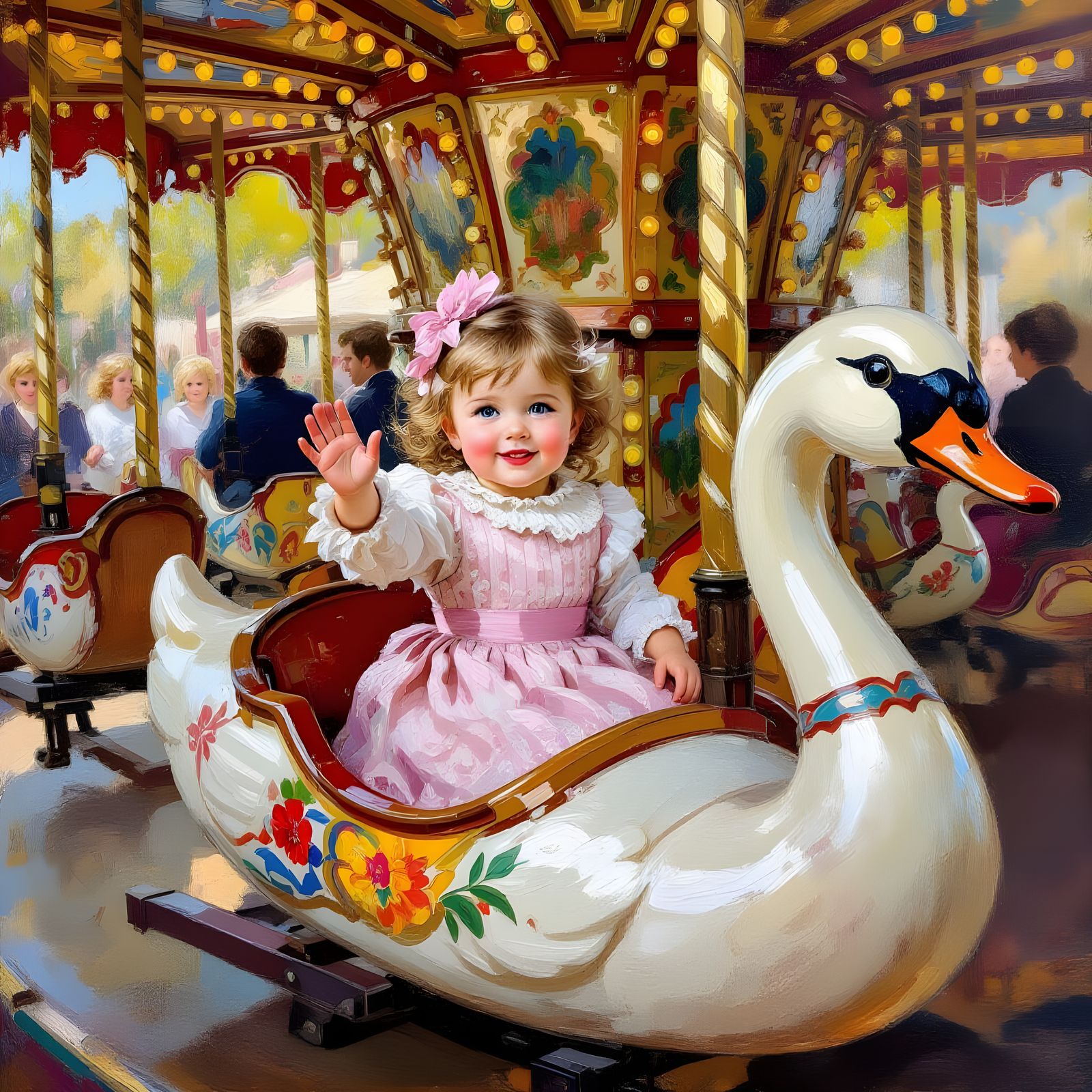 Victorian Toddler on Swan Carousel in Monet Style