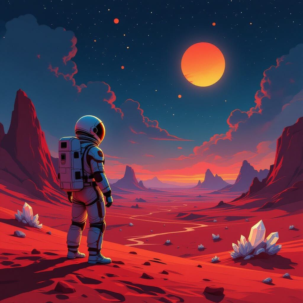 Astronaut on Crimson Planet Gazing at Binary Sunset