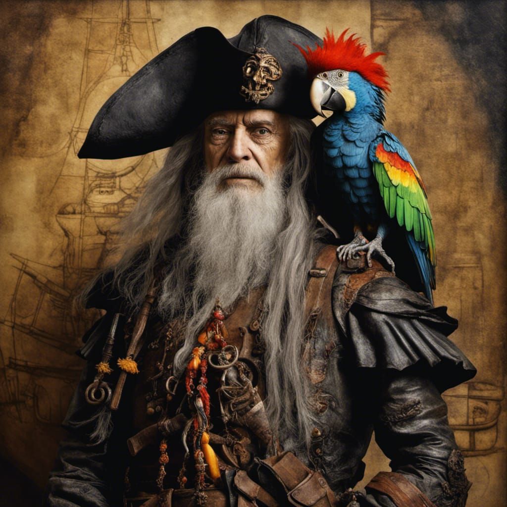 Crepuscular Pirate with Parrot in Art Nouveau Style