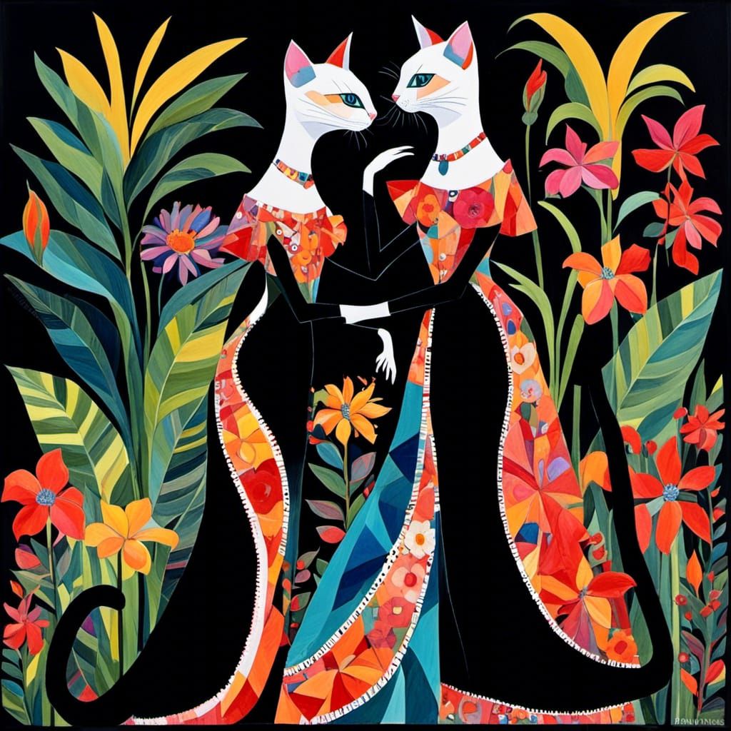 Whimsical Cats Dancing in Exotic Floral Garden