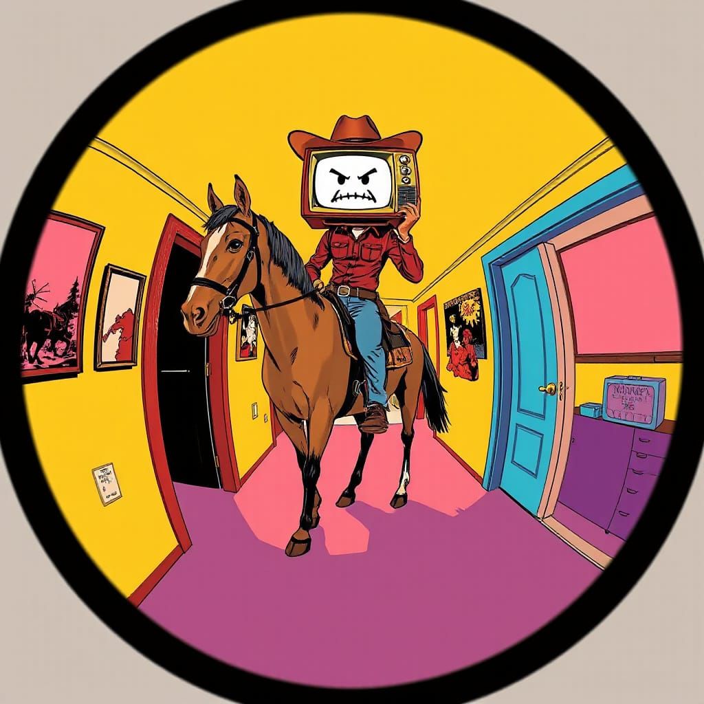 Rugged Cowboy with Vintage TV Head Rides Majestic Horse in R...