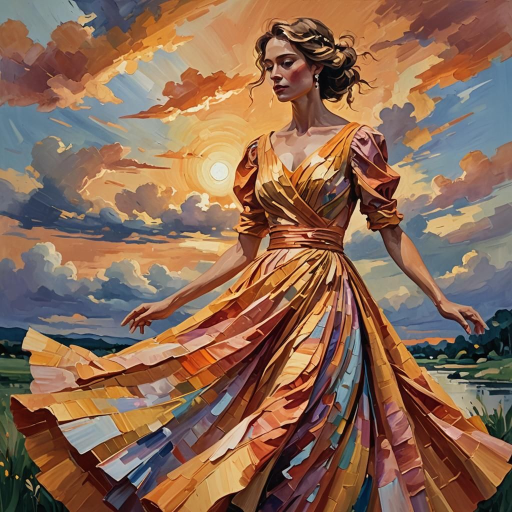 Woman in Sunset Dress: Impressionist Gouache Painting