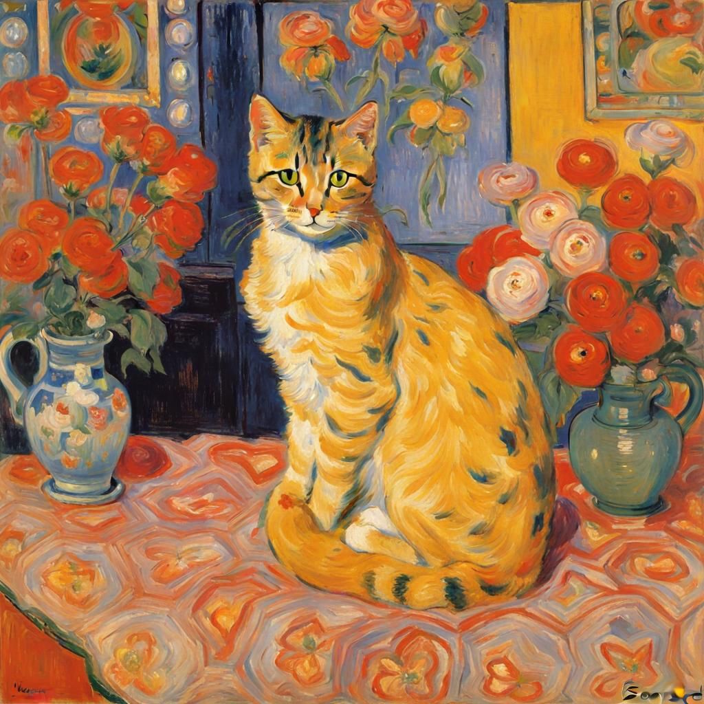 Cat Surrounded by Flowers in Bonnard Style