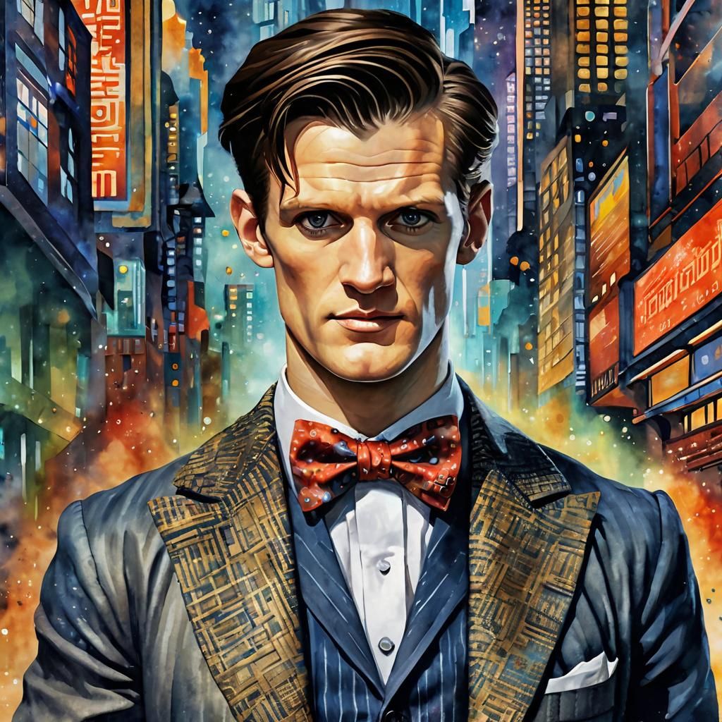 Dr. Who in Cyberpunk Metropolis, Watercolor Style