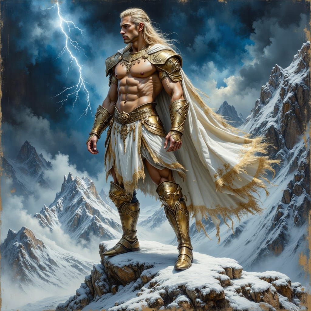Epic Warrior on Snowy Peak as Oil Painting