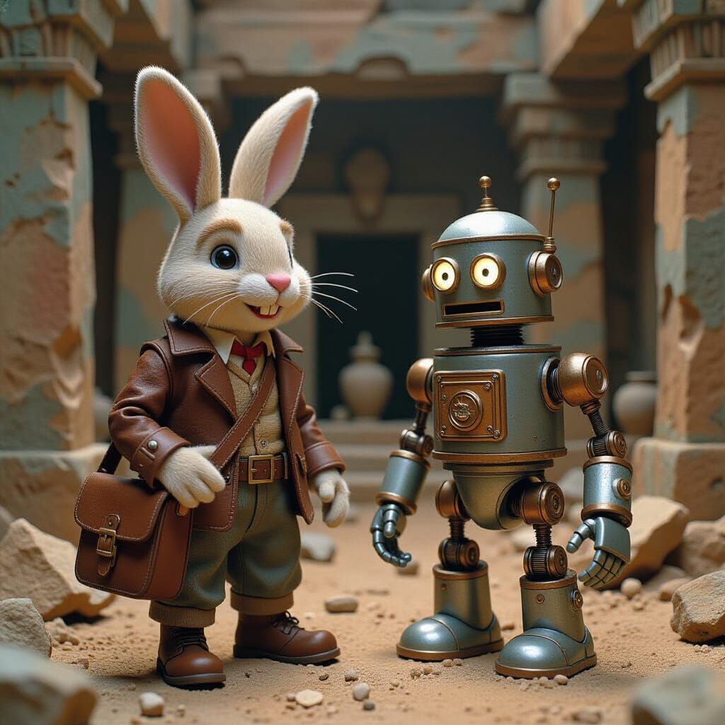 Anthropomorphic Rabbit Archaeologist in Stop-Motion Style