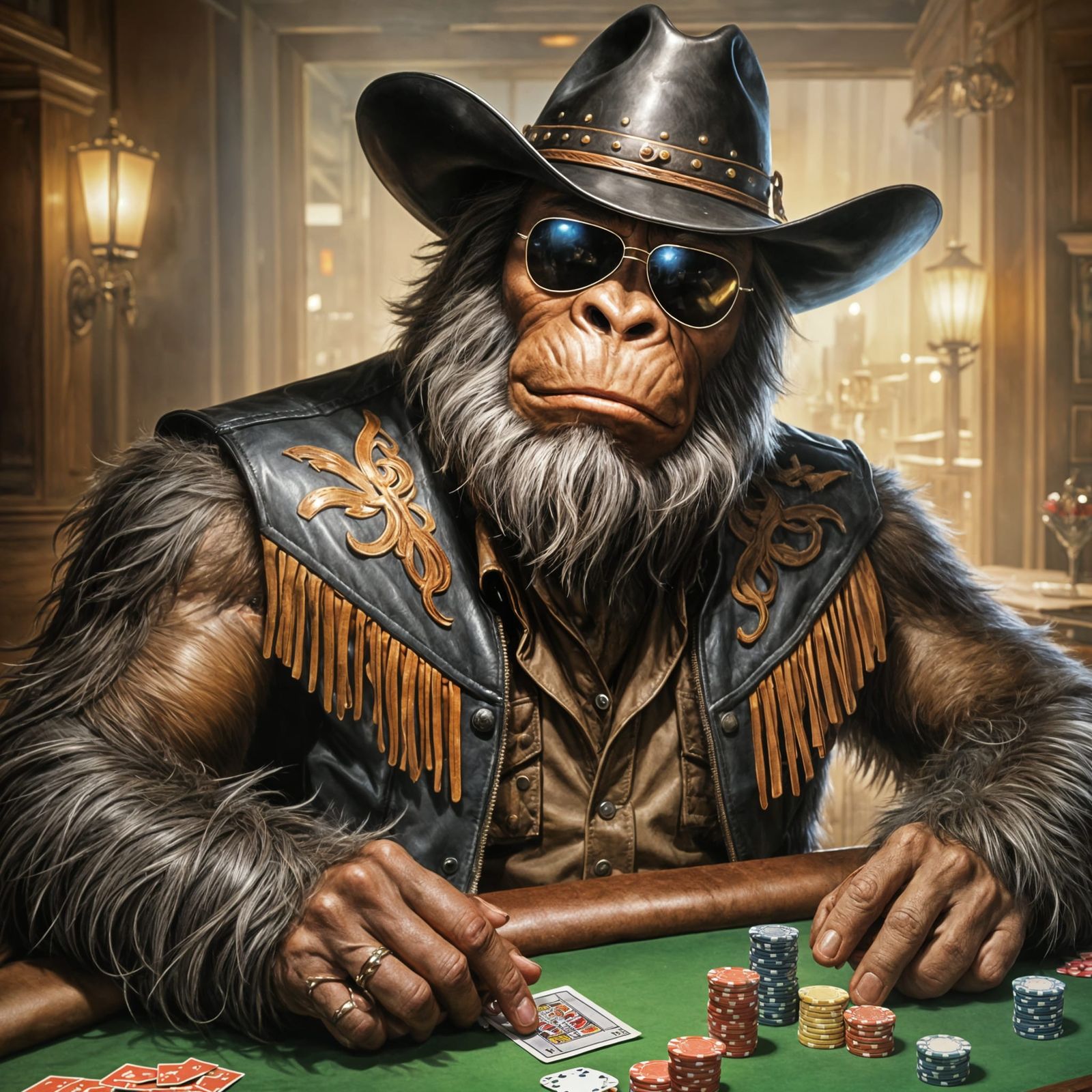 Bigfoot in a Vegas Saloon, a Whimsical Oil Painting
