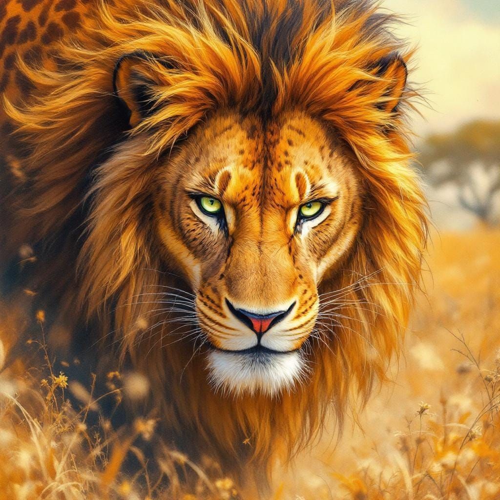 Majestic Lion-Jaguar Hybrid in Sun-Drenched Savannah