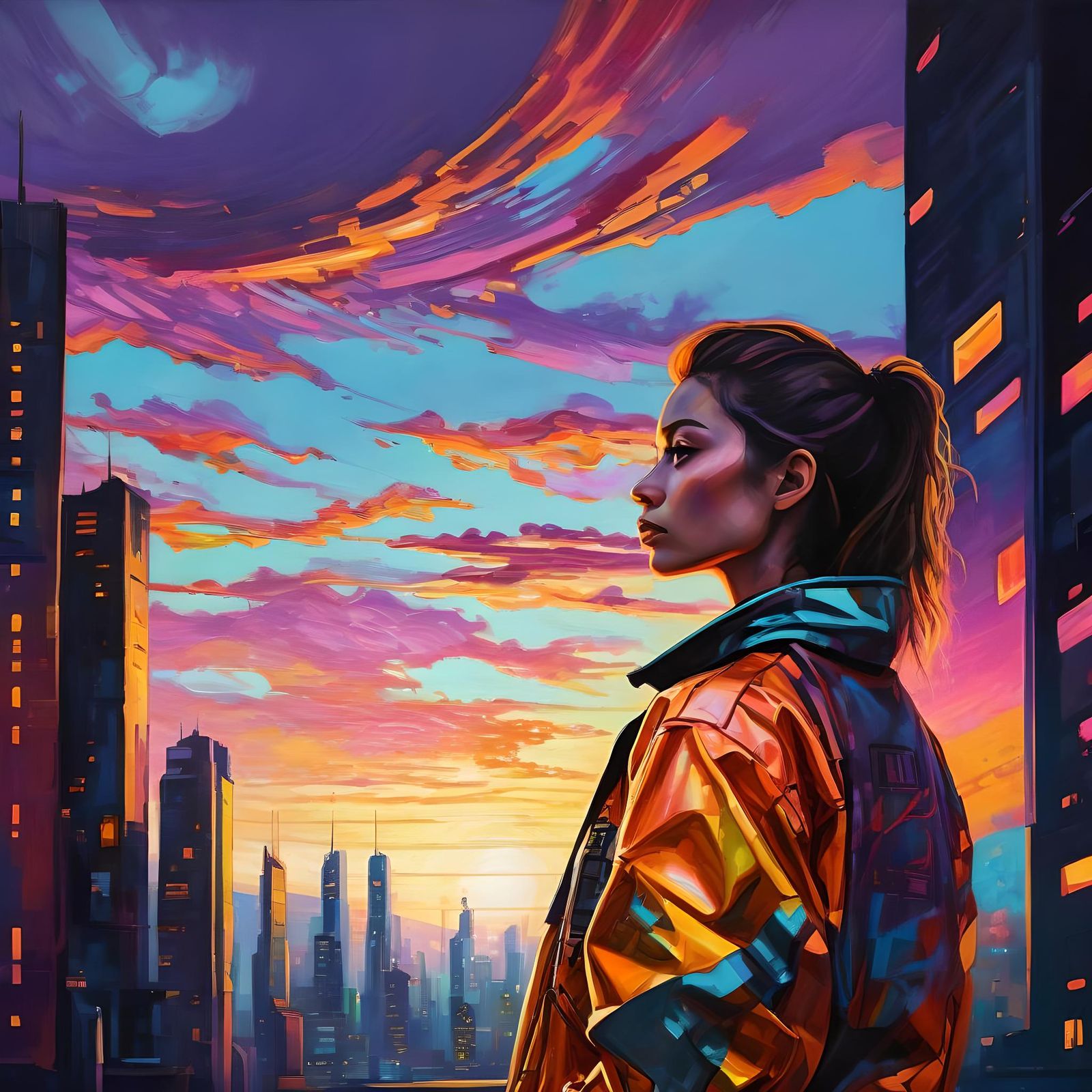 Sunset Cityscape in Fauvist Digital Art Style