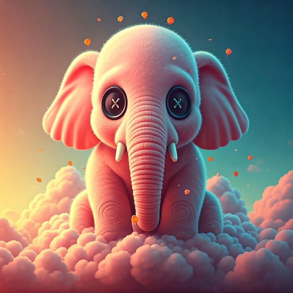 Whimsical Elephant in Pastel Pink Clouds, Hyperrealistic Art