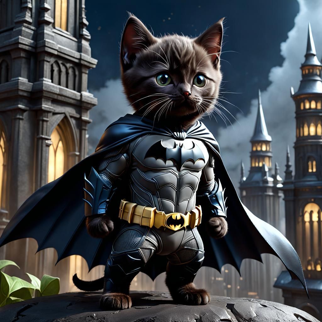 Kitten Dressed as Batman in Heroic Pose