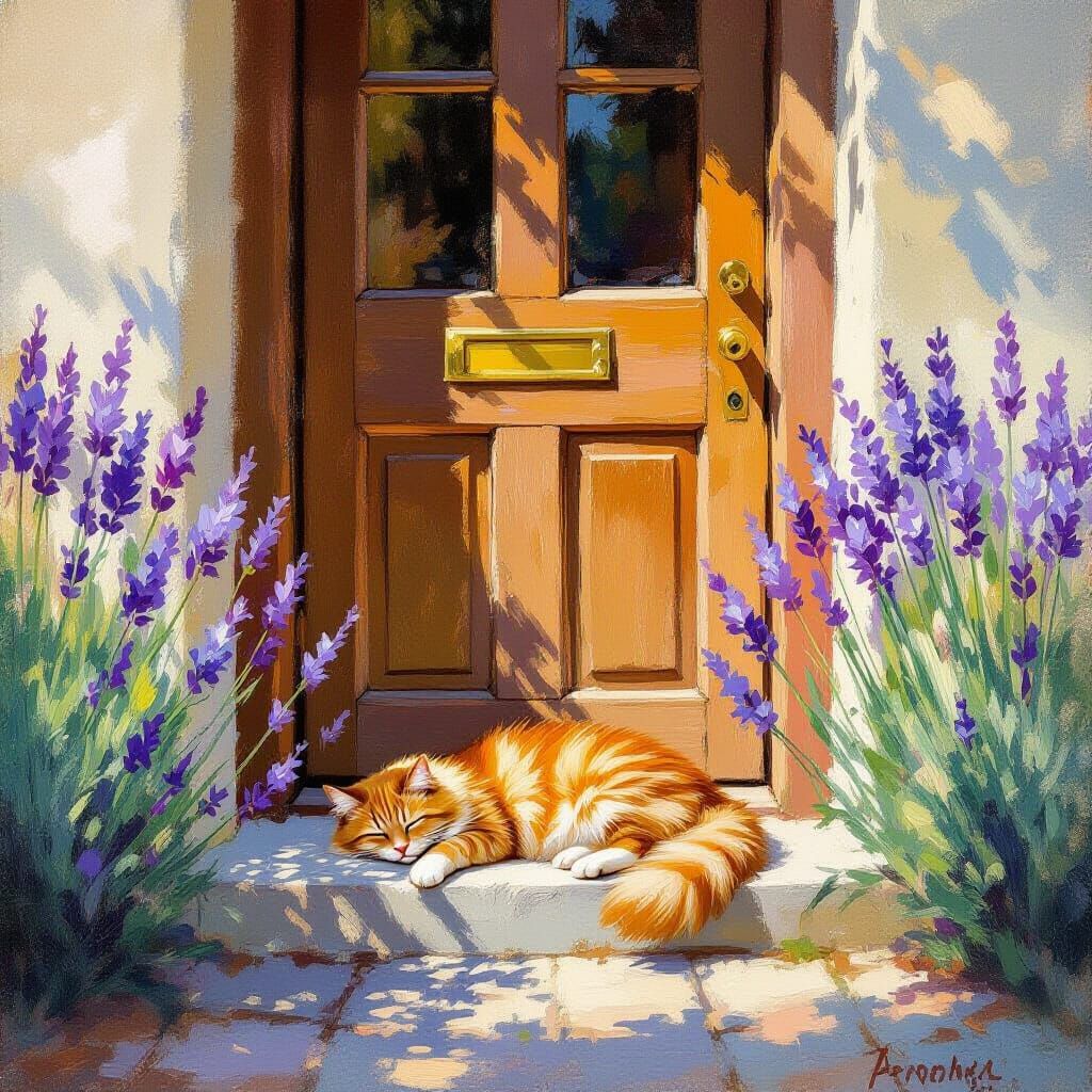 Impressionist Scene of Cat Sleeping on Doorstep