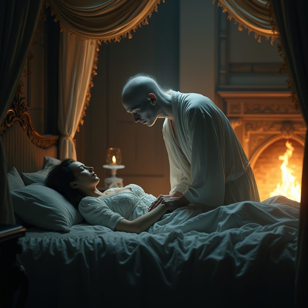 Ethereal Gentleman Visits Sleeping Beauty in a Cozy Bedroom