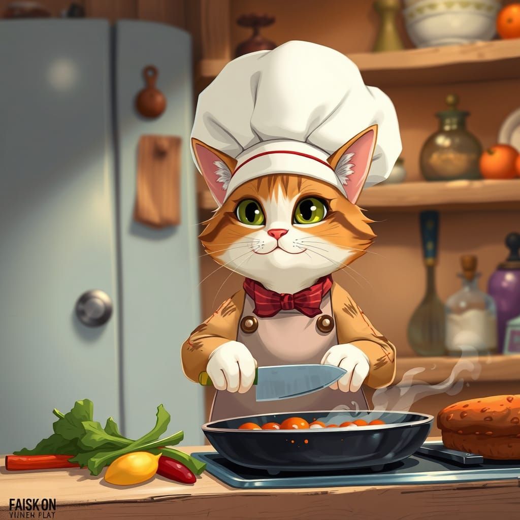 Cat Chef Cooking in Cozy Kitchen, Whimsical Art