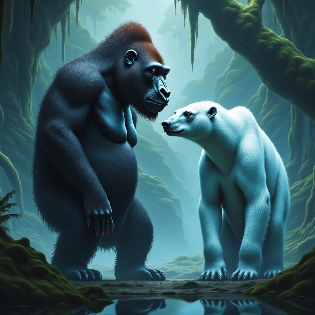 Gorilla and Polar Bear in Eerie Landscape