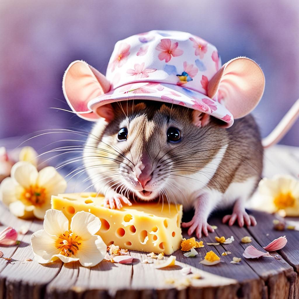 Mouse in Flower Hat, Whimsical Watercolor Portrait