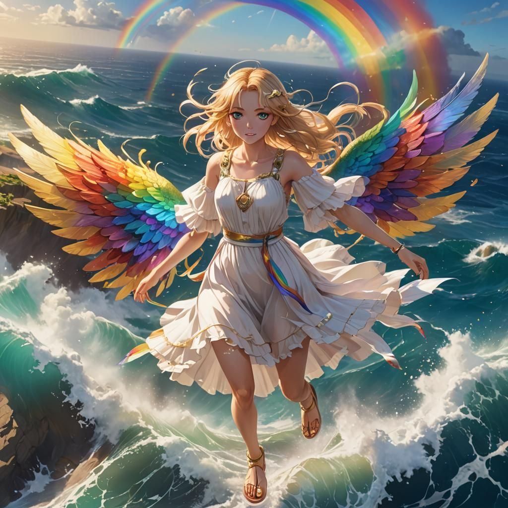 Rainbow-Haired Girl Flying Over Ocean, Anime Art