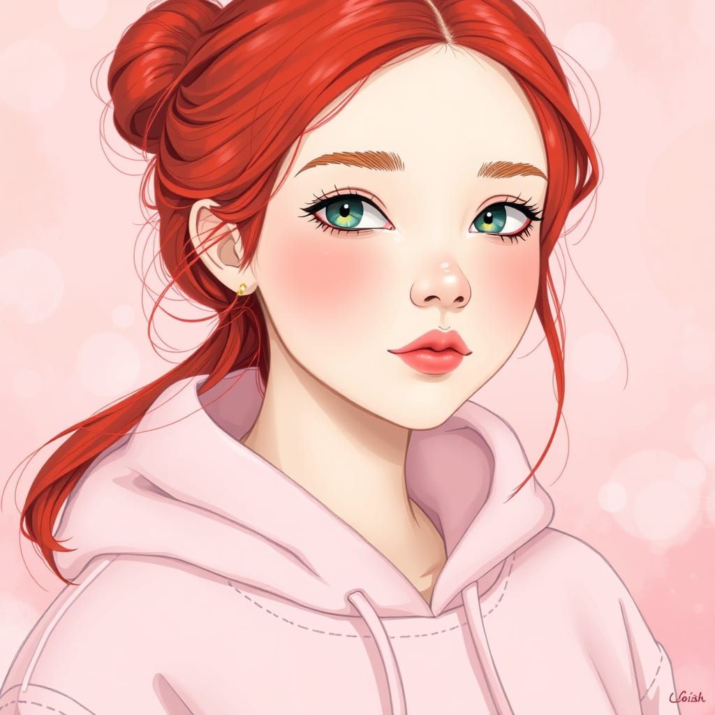 Cherry-Haired Girl in Whimsical Digital Art Style