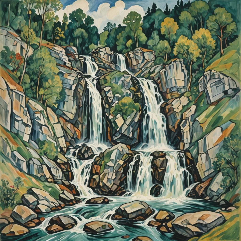 Waterfall Painting in Expressionist Style