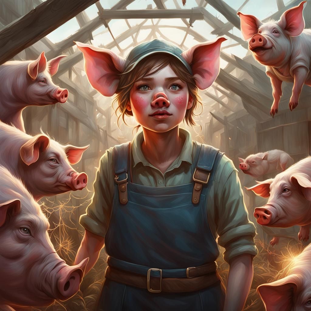 Surreal Farm Scene with Pig and Spider Web