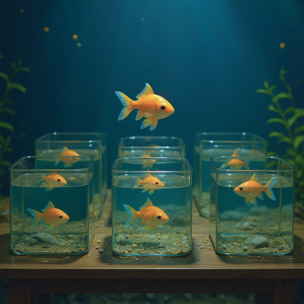 Golden Fish Jumps Between Nine Aquariums