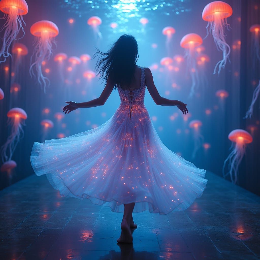 Ethereal Woman Dancing in Neon Jellyfish Ballroom