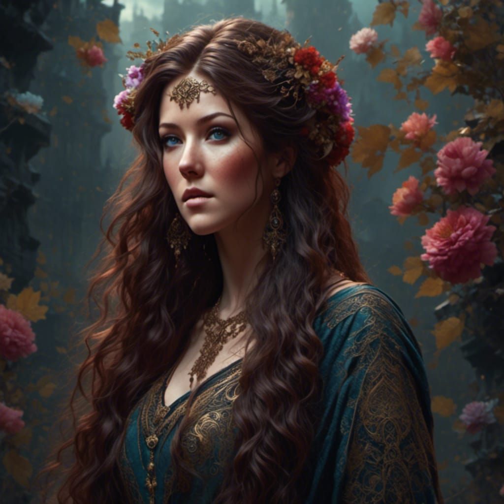 Ethereal Woman with Flowers in Detailed Digital Art