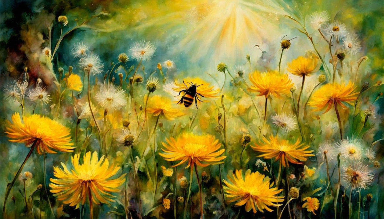 Dazzling Dandelions Dance in the Breeze, a Busy Bee Flies By