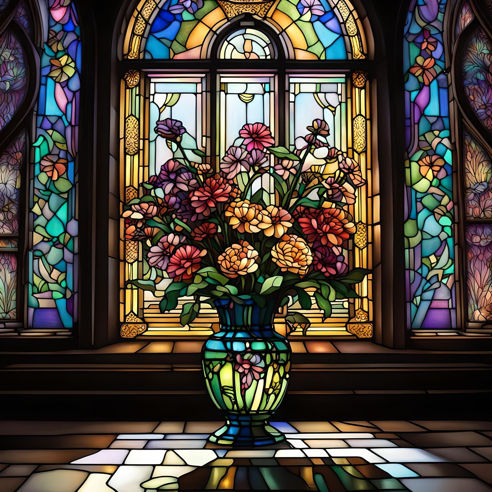 Stained Glass Window Illuminates Floral Vase