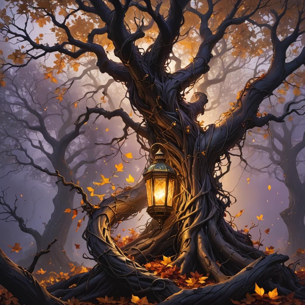 Autumn Leaves Fall from Ancient Tree: Dark Fantasy Art
