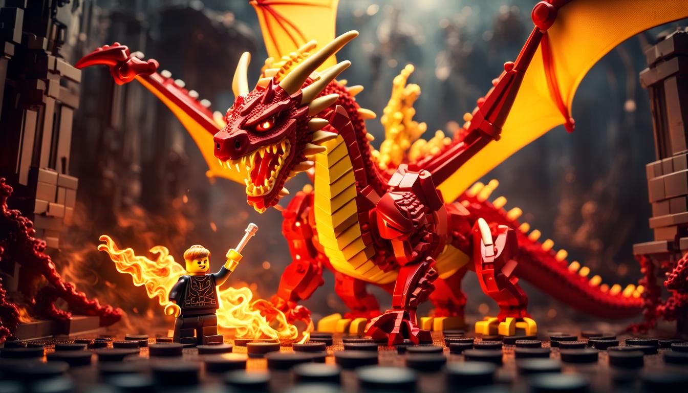 Lego Man Battles Burning Dragon: Epic Digital Matte Painting
