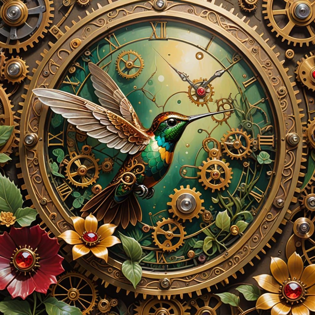 Mechanical Hummingbird in Steampunk Garden
