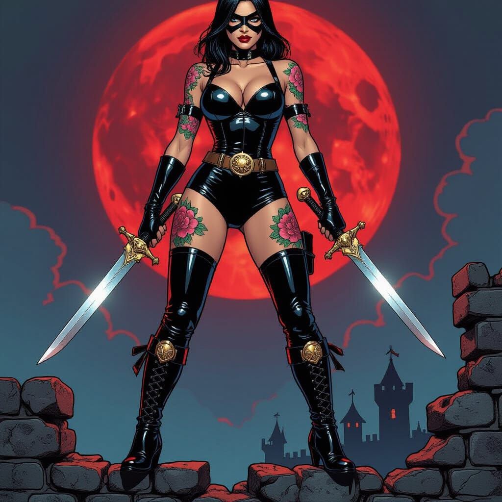 Female Rogue on Castle Wall in Dramatic Comic Style