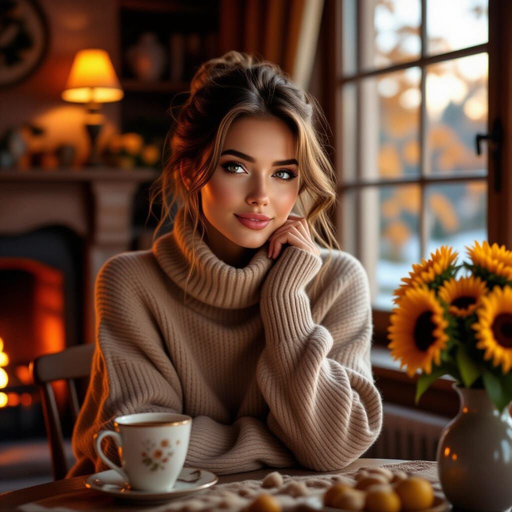 Cozy Autumn Evening by Fireplace with Hot Tea