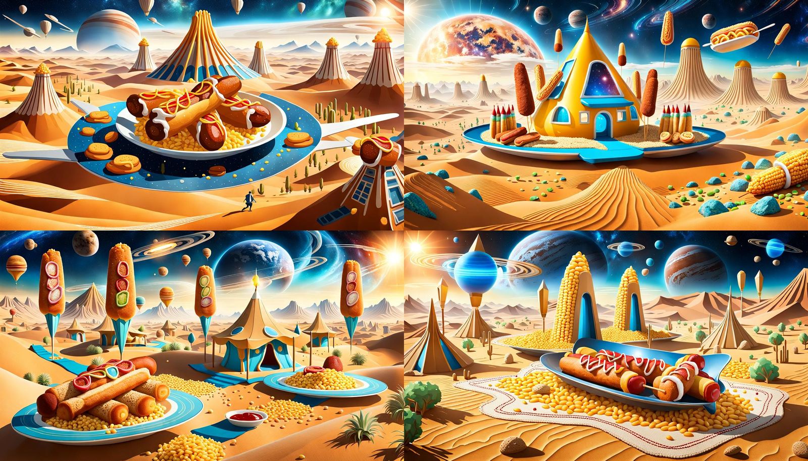 Corn Dogs on Flying Carpet in Futuristic Desert