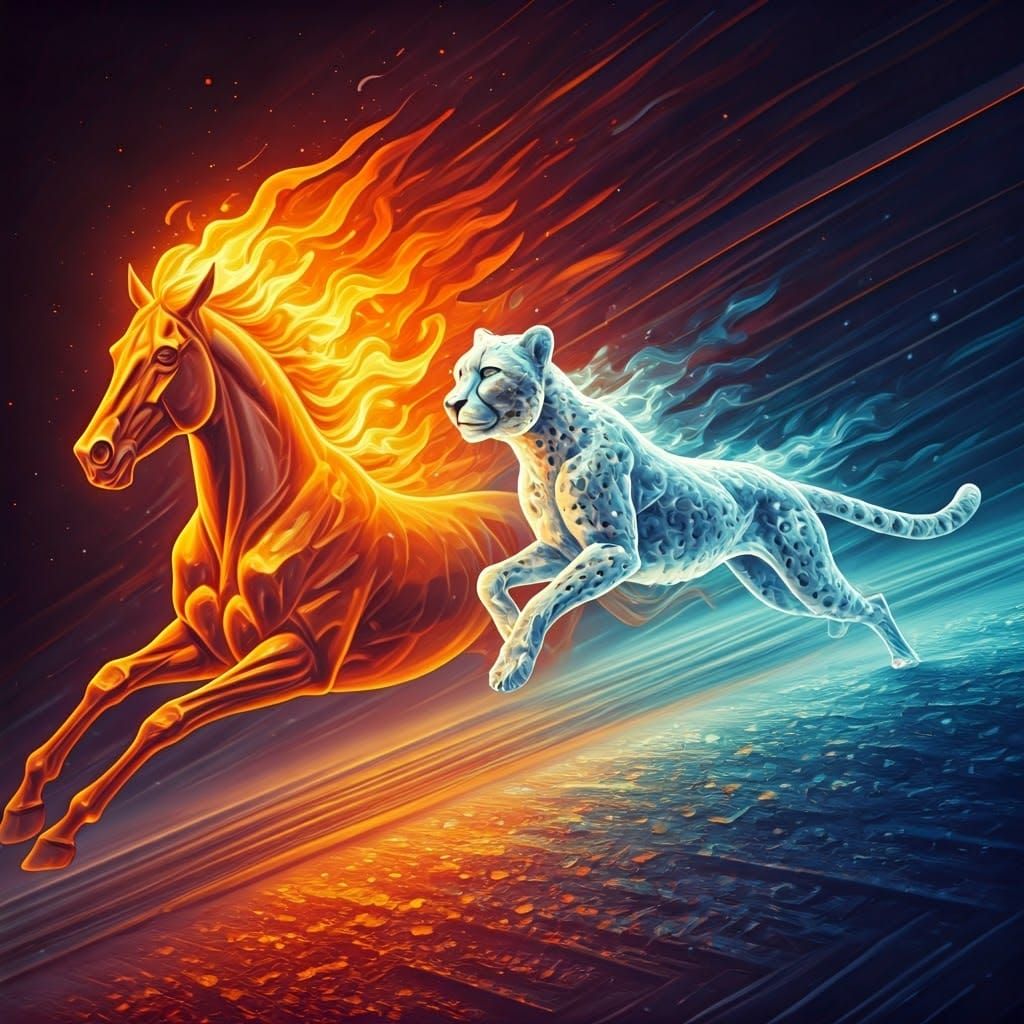 Vibrant Watercolor Racing Horse Chases Glittery Cheetah in R...