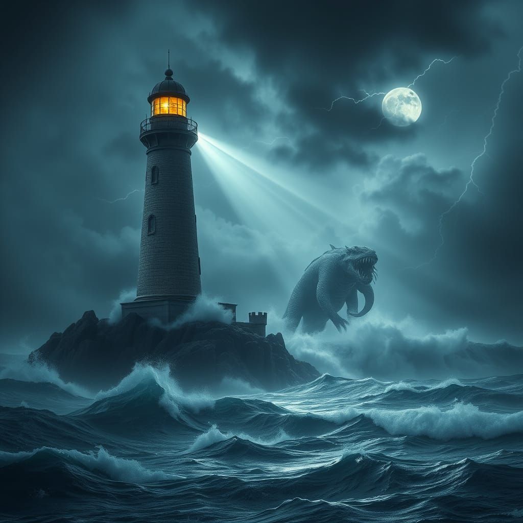Colossal Lighthouse Reveals Sea Monster in Dark Storm