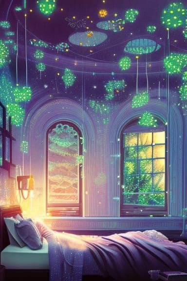 Cozy Bedroom with Glowing Stars: Digital Illustration
