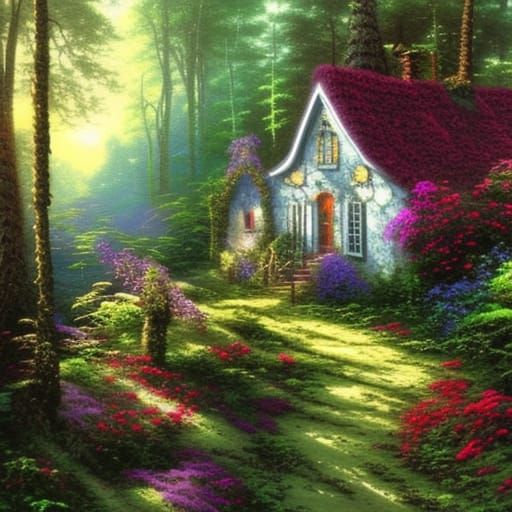 Ethereal Forest Cottage in Thomas Kinkade Style