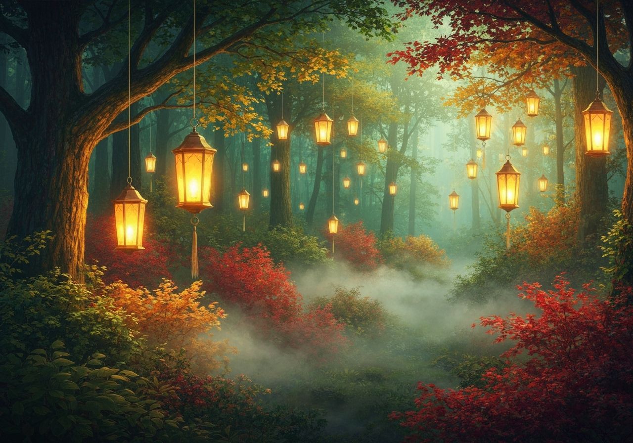 Enchanting Forest Illuminated by Magical Lanterns