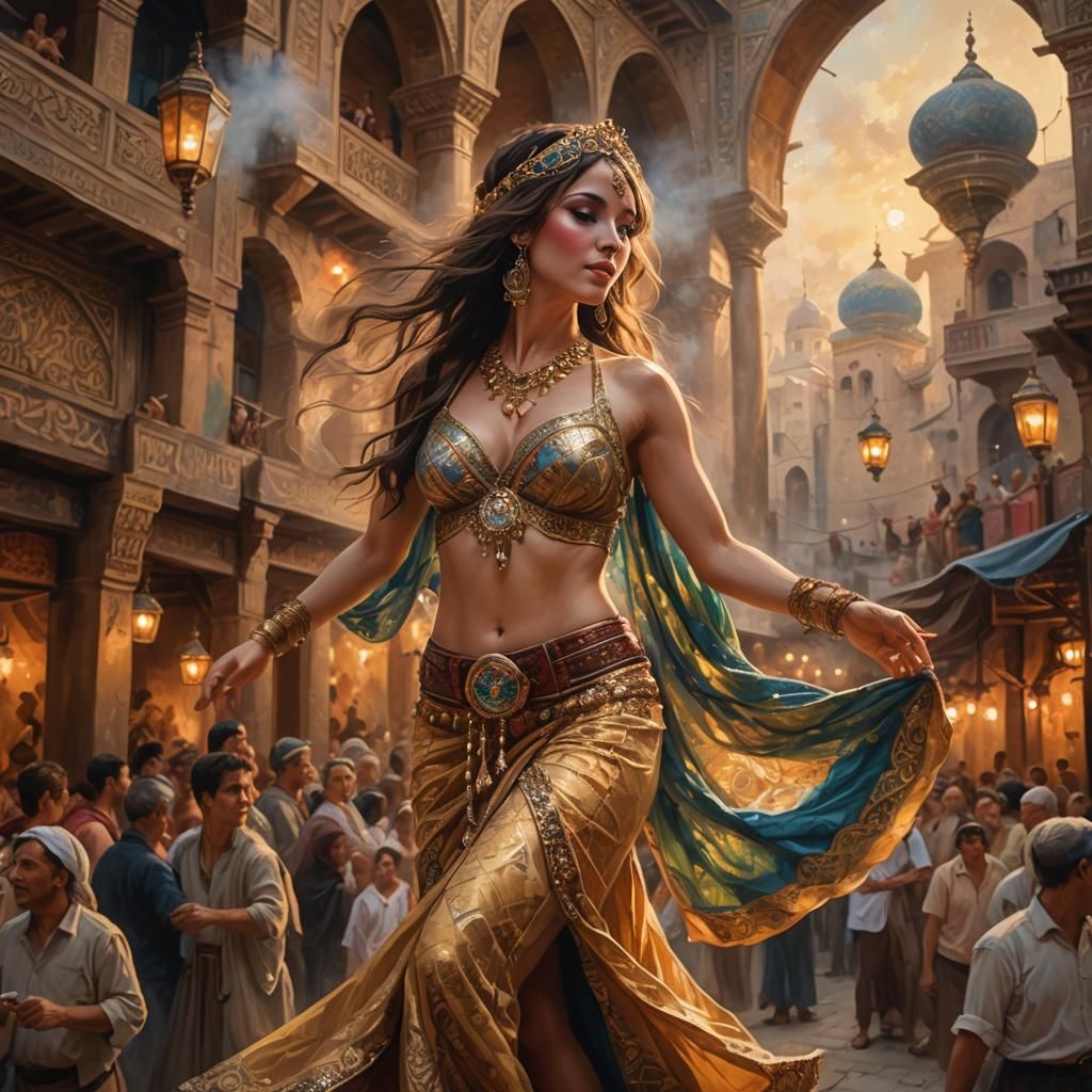 Belly Dancer Performing in Ancient Market, Impressionistic S...