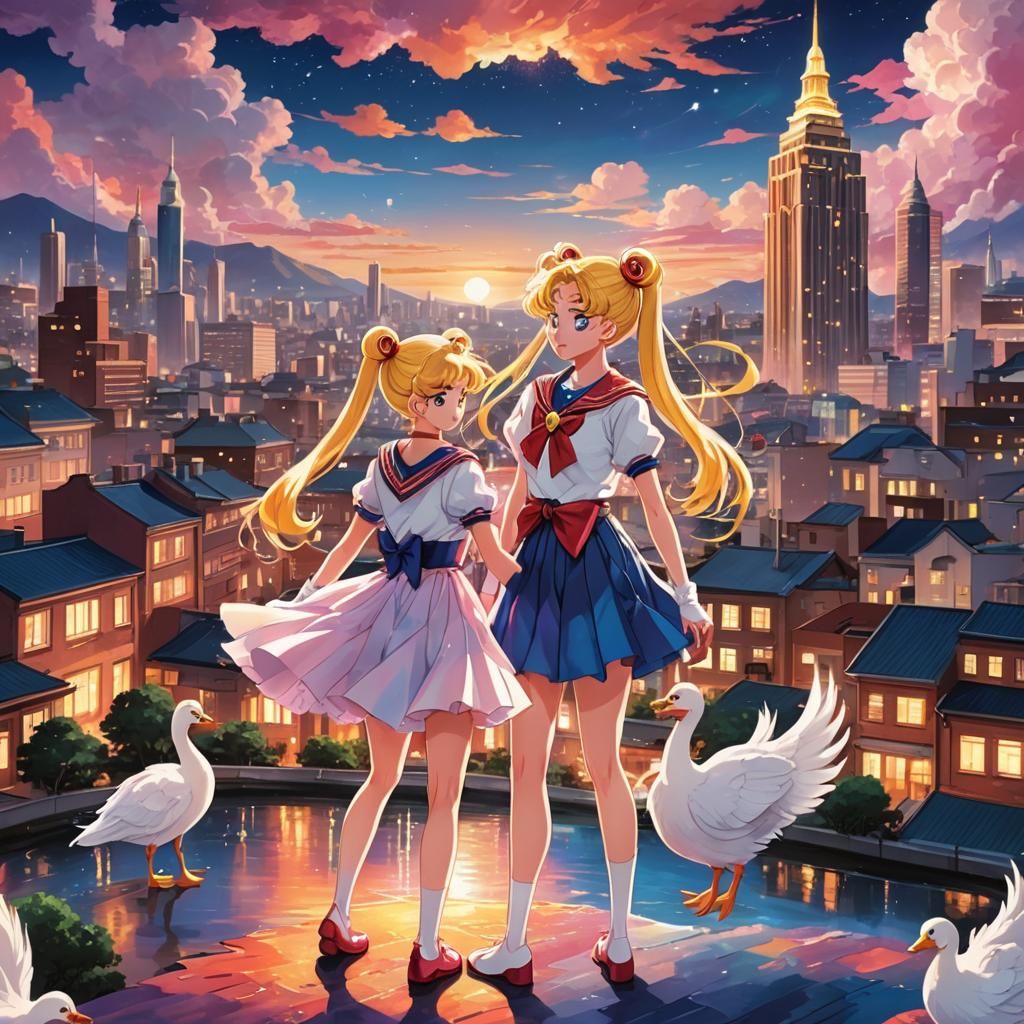 Sailor Moon and Turkey Duck in Anime Cityscape